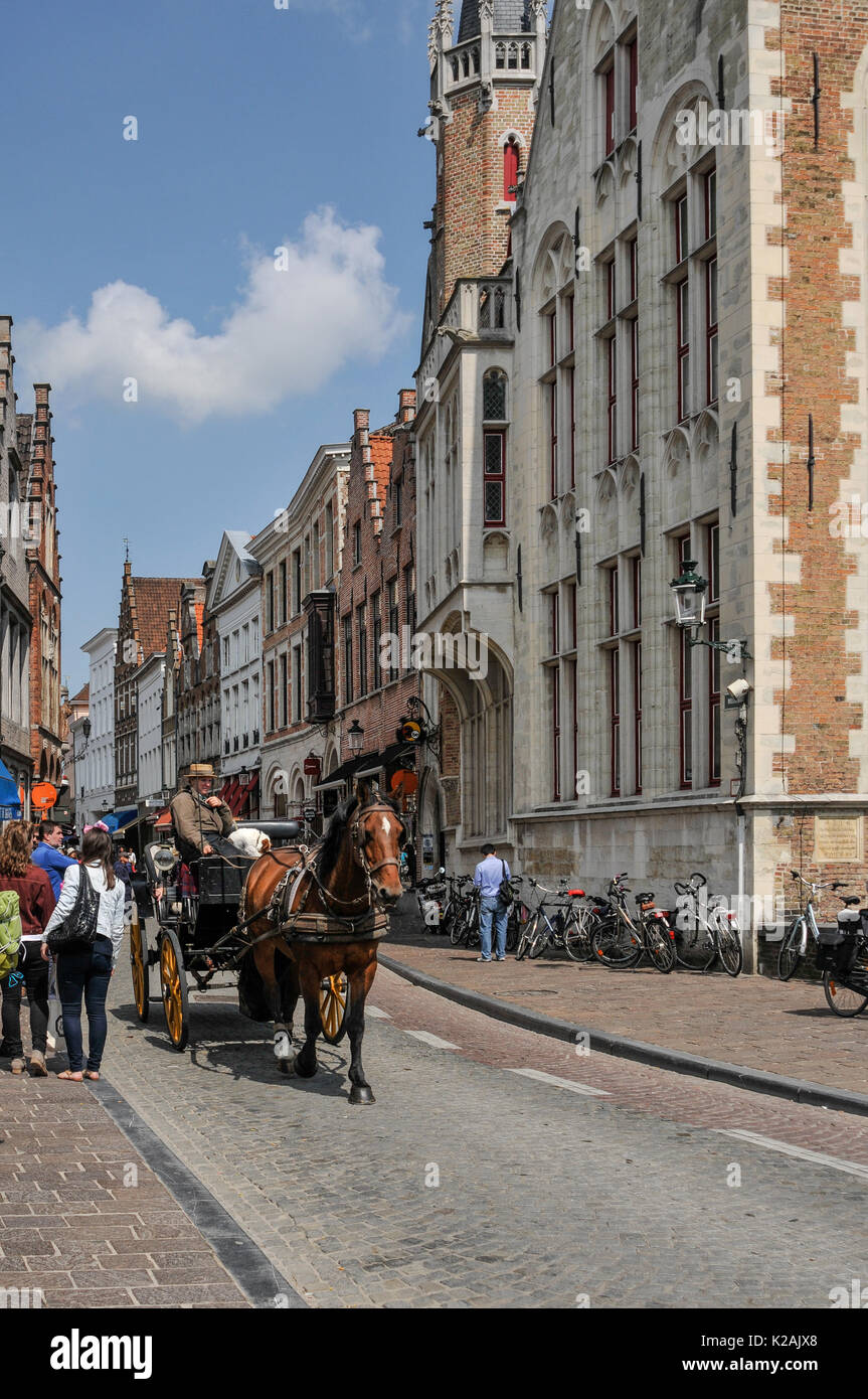 Giro in carrozza giù wollestraat nella città medievale di Brugge / bruges nelle Fiandre occidentali, Belgio nel sole estivo Foto Stock