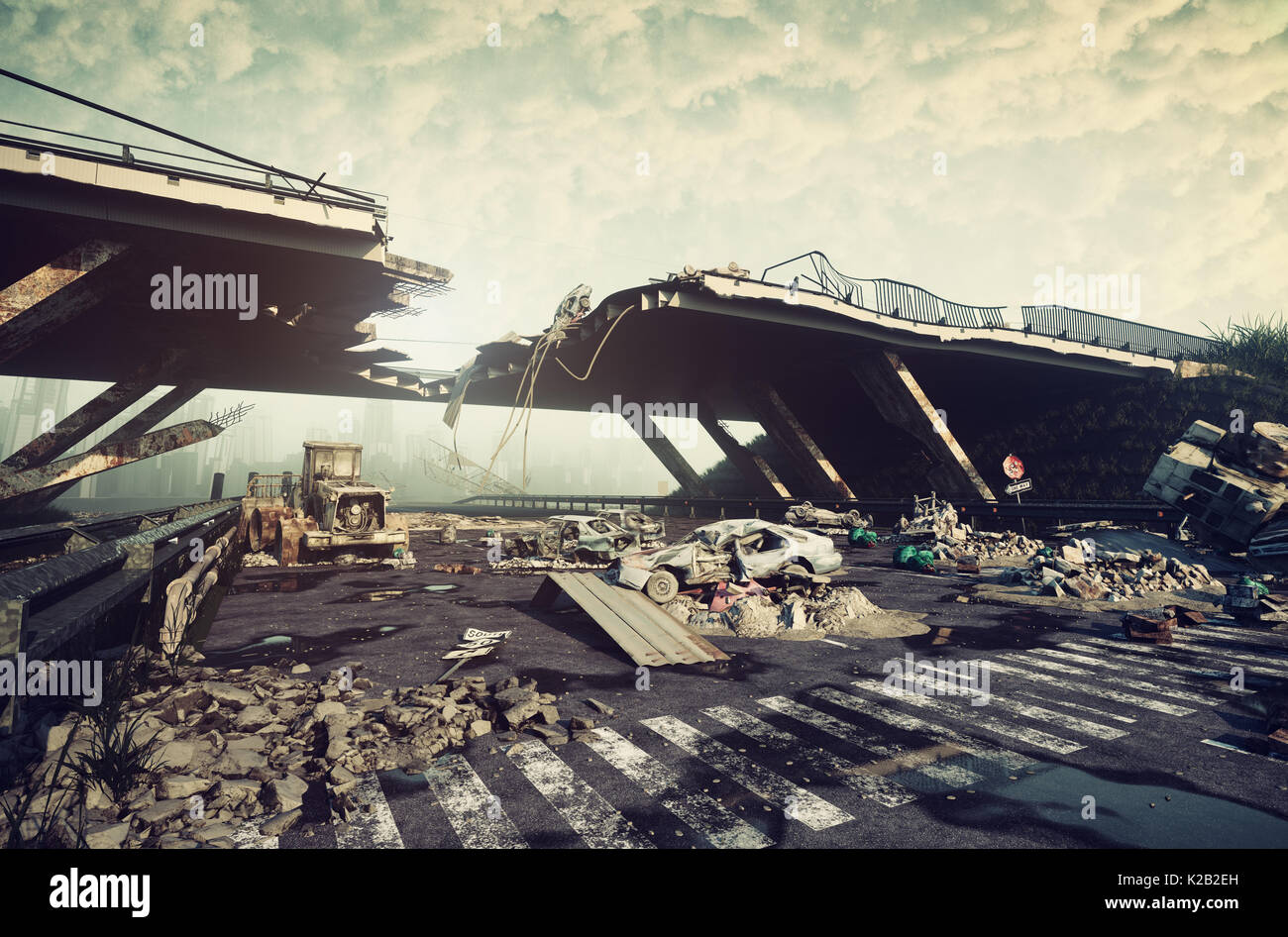 Le rovine di una città autostrada. Paesaggio apocalittico.3d illustrazione concept Foto Stock