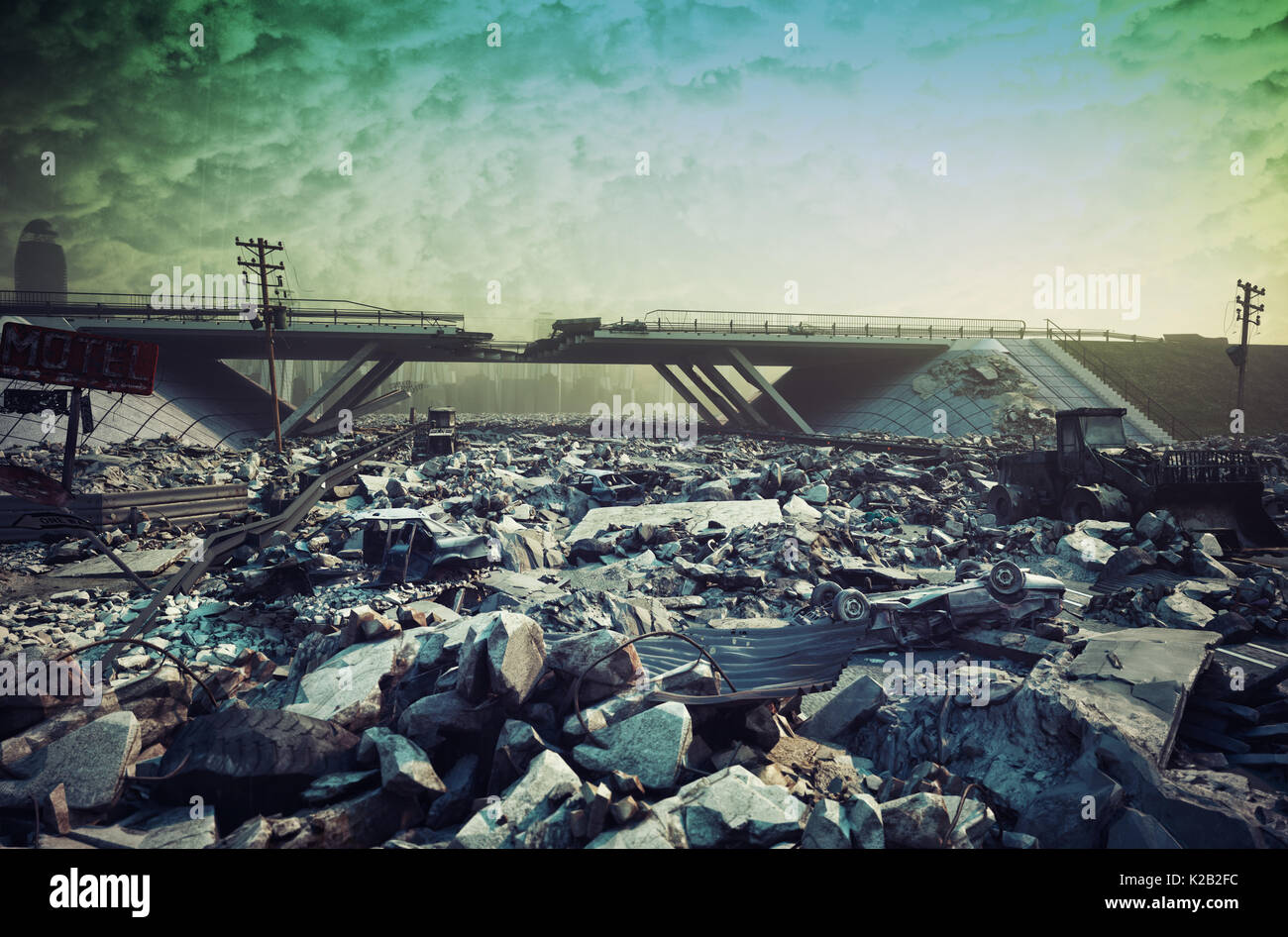 Le rovine di una città autostrada. Paesaggio apocalittico.3d illustrazione concept Foto Stock
