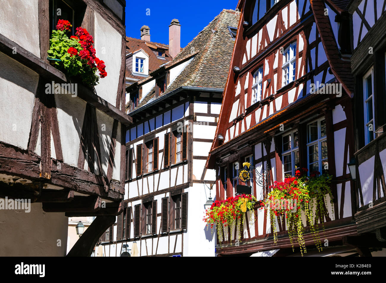 Case tradizionali con la decorazione floreale,città di Strasburgo,l'Alsazia, Francia. Foto Stock