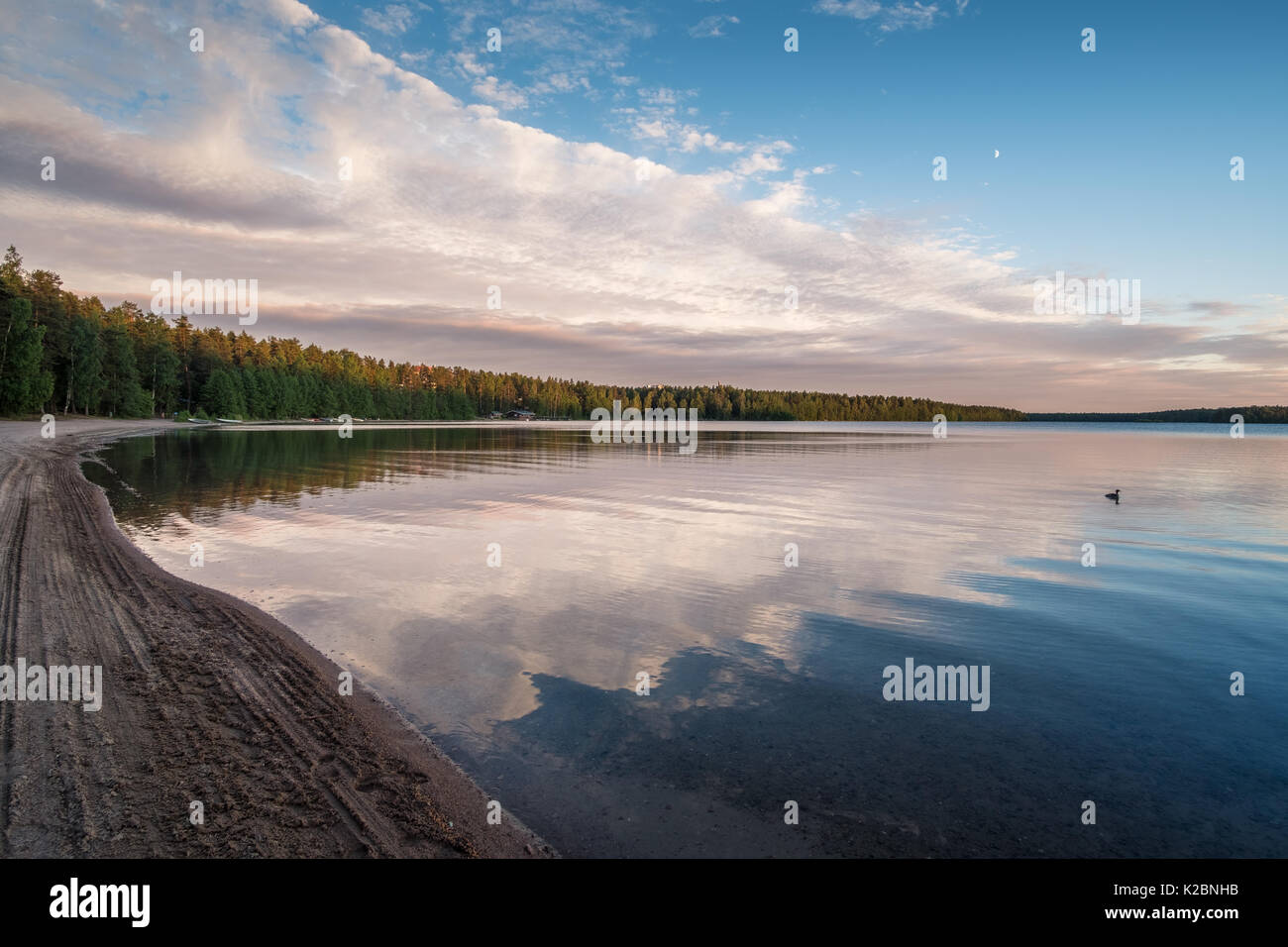Tramonto sulla spiaggia con umore luce alla serata estiva in Nurmijärvi, Finlandia Foto Stock