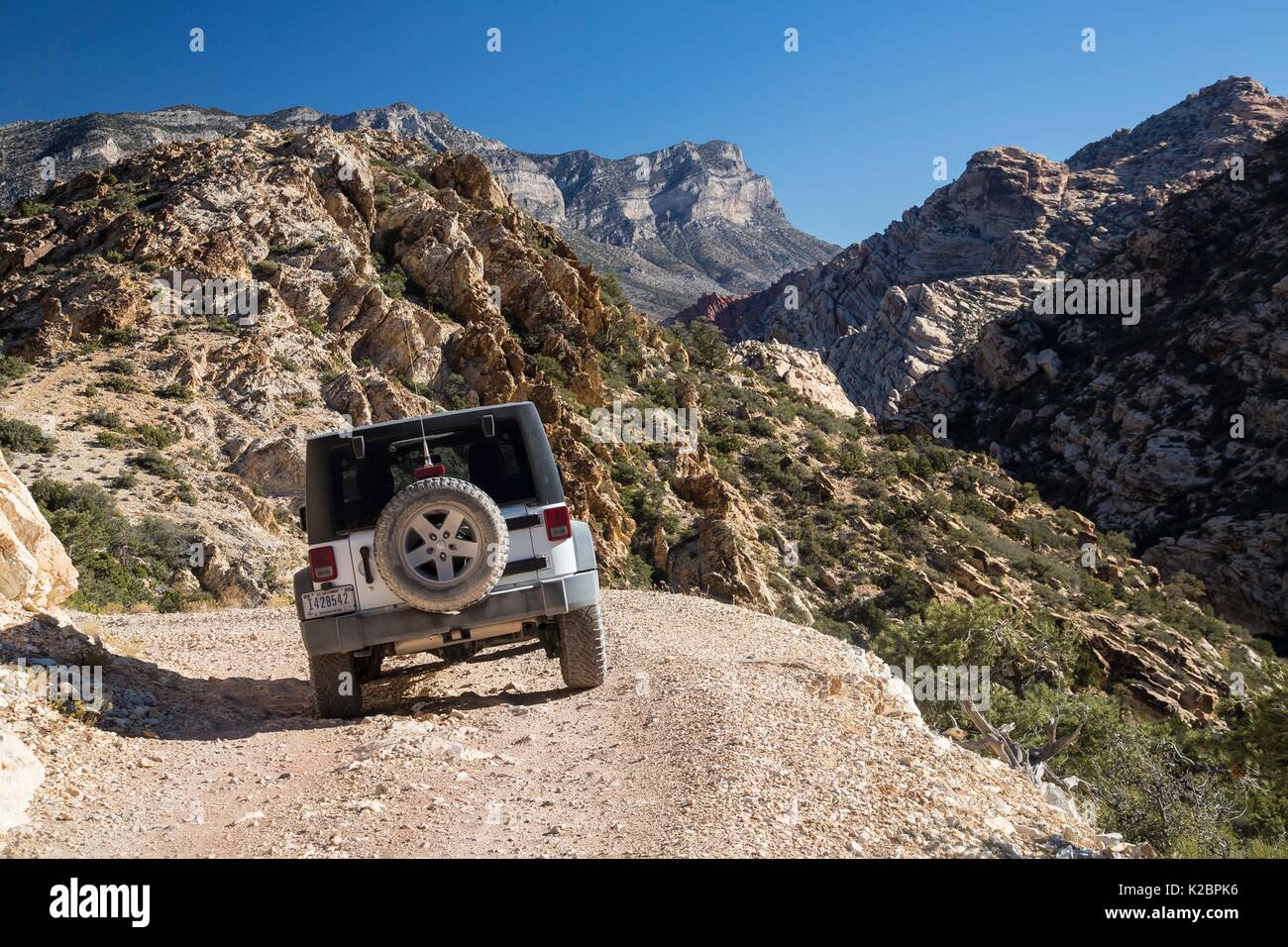 I turisti per le loro auto giù per un sentiero sterrato per ottenere una vista migliore del canyon, creste e picchi di montagna che compongono la Madre Mountain Wilderness entro il Red Rock Canyon National Conservation Area 27 Settembre 2016 vicino a Las Vegas, Nevada. Foto Stock