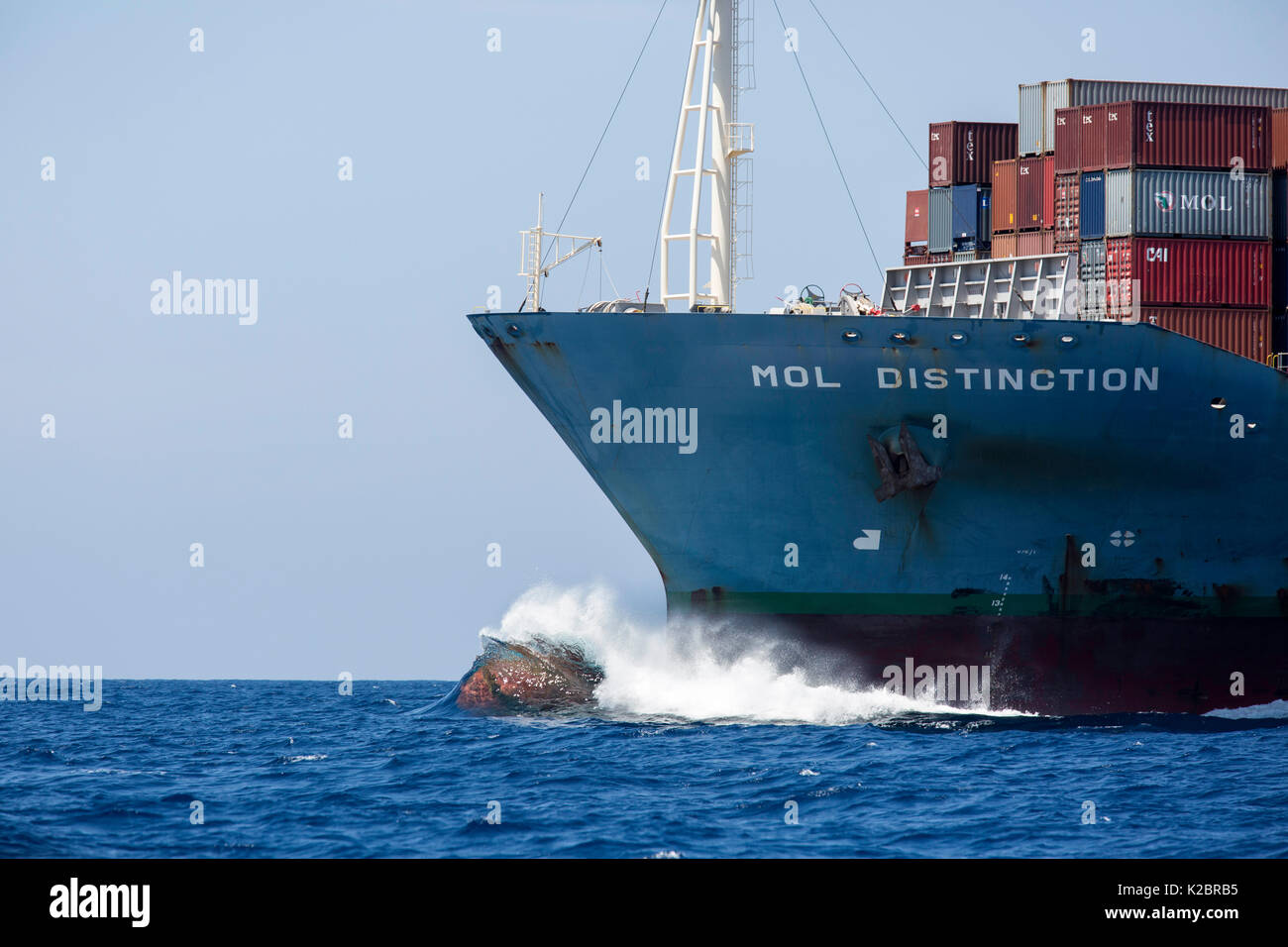 Onde che si infrangono contro la prua della nave portacontainer 'Molo distinzione', off Mirissa, Sri Lanka, Oceano Indiano. Tutti i non-usi editoriali deve essere eliminato singolarmente. Foto Stock
