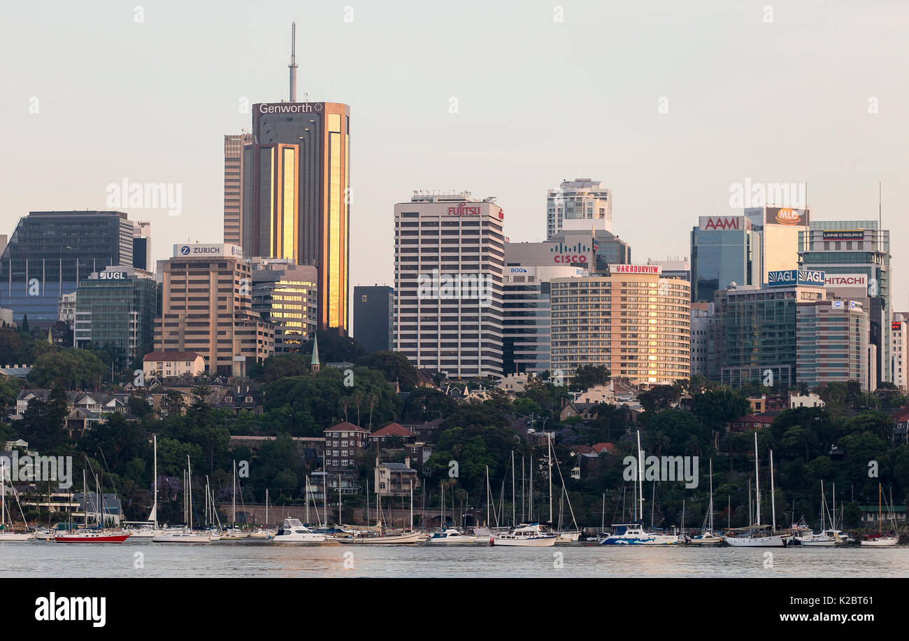 Il Porto di Sydney skyline nella luce della sera, Nuovo Galles del Sud, Australia, ottobre 2012. Foto Stock