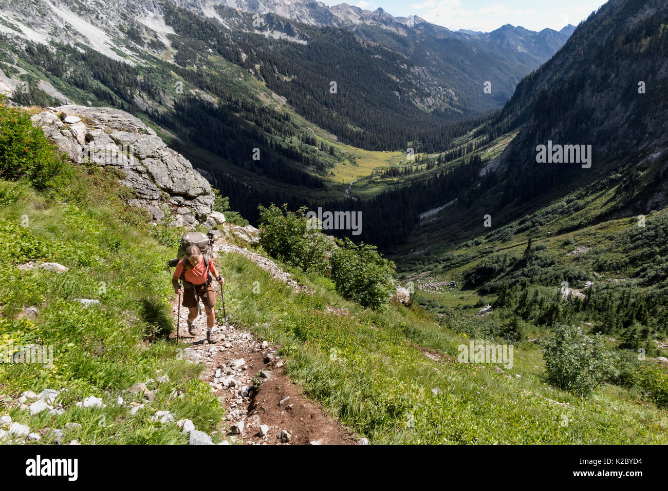 Vicky primavera escursioni a piedi lungo il sentiero di Spider Gap, Glacier Peak Wilderness, Wenatchee National Forest, Washington, USA, settembre 2014. Foto Stock