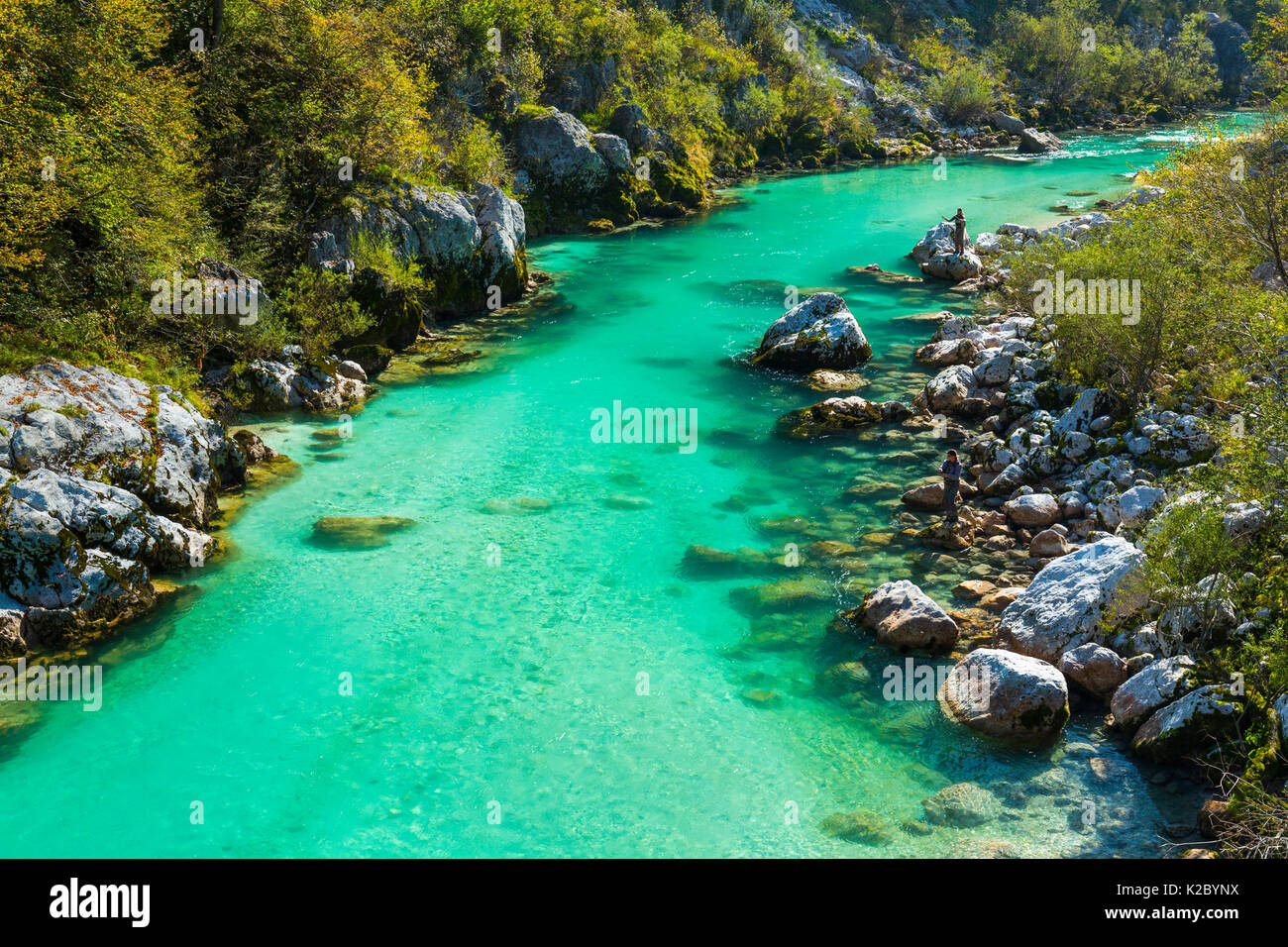 Fisherman pesca nelle acque cristalline del fiume Soca, Soca Valley, sulle Alpi Giulie, Slovenia, ottobre 2014. Foto Stock