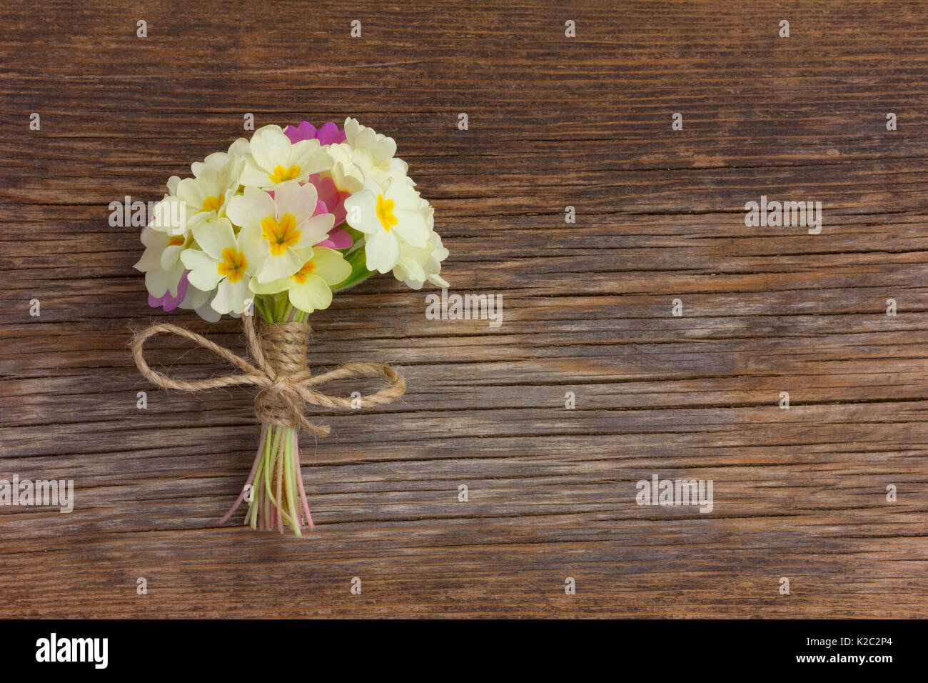 Un mazzetto di giallo pallido primule legati con spago su una vecchia tavola di legno nelle crepe. Spazio libero per il testo. Copia dello spazio. Foto Stock