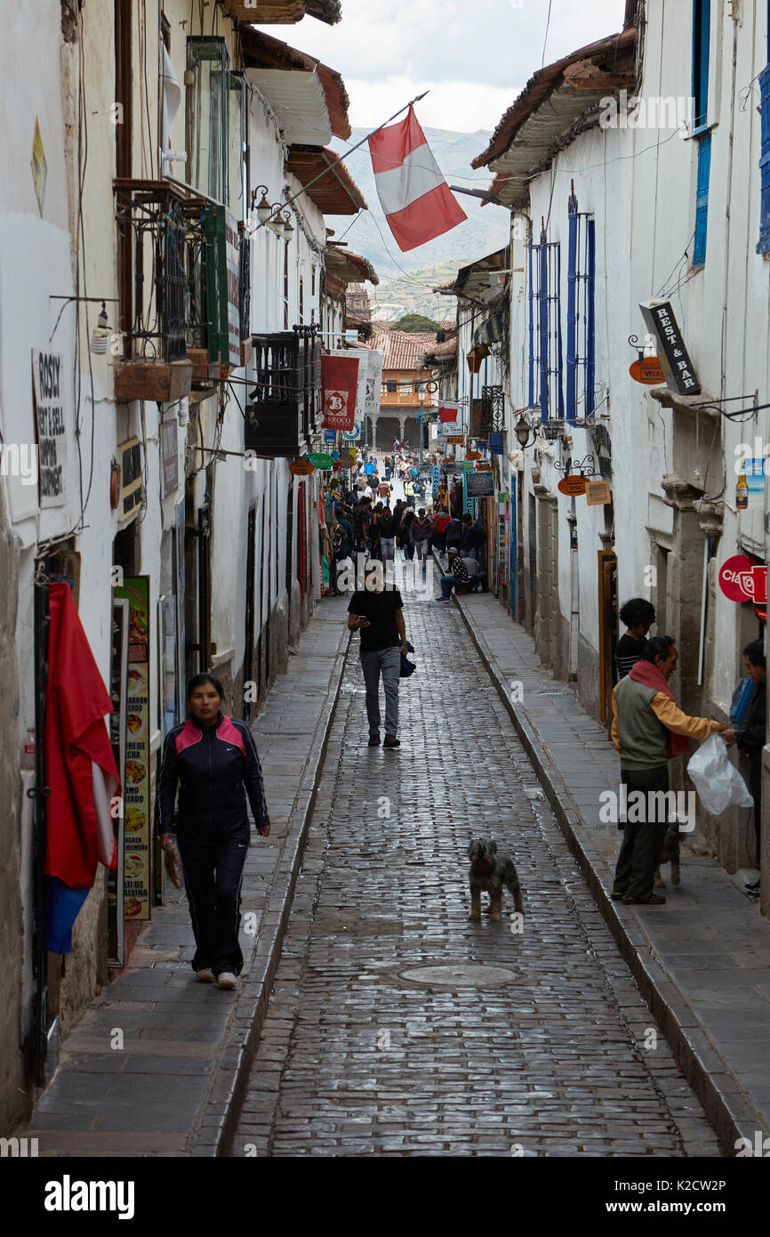 Stretta strada di ciottoli di Procuradores, Cusco (sito Patrimonio Mondiale), Perù, Sud America Foto Stock