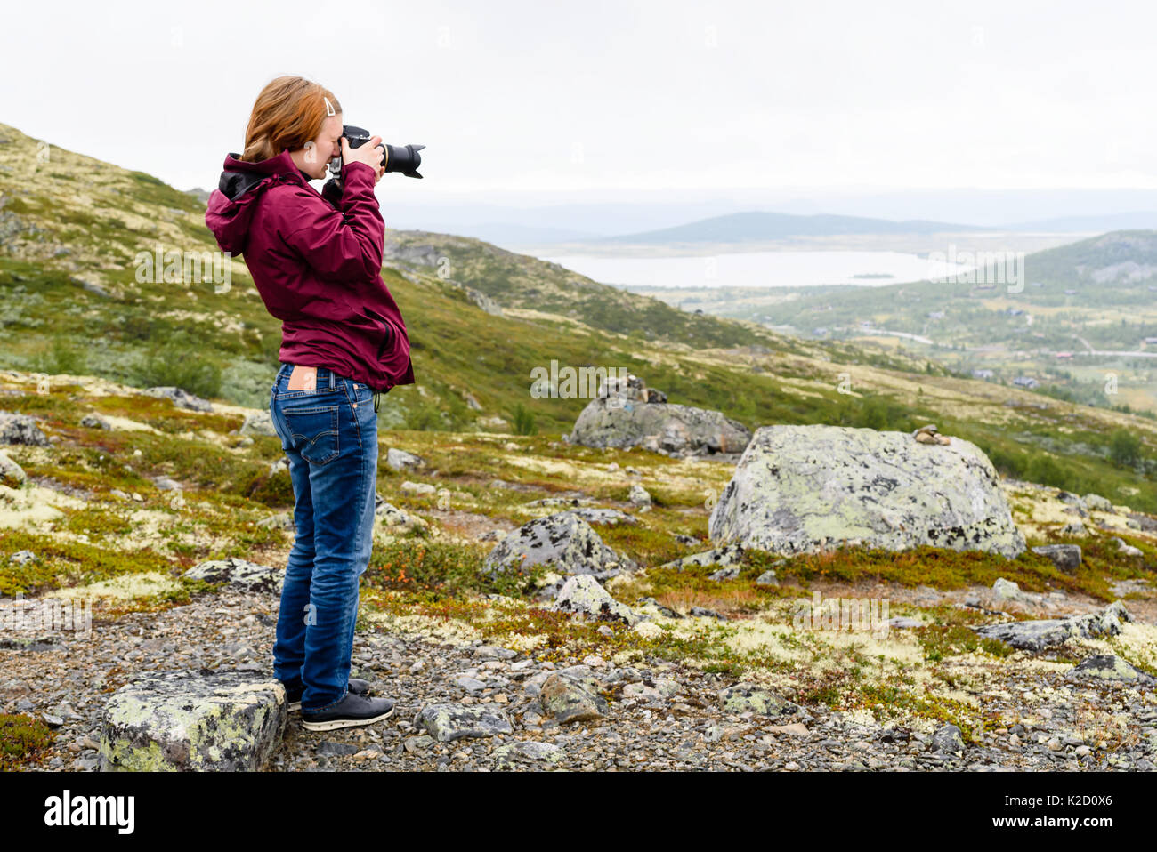 Giovani adulti donna caucasica prendendo fotografie del paesaggio di montagna su un nebbioso giorno d'estate. Foto Stock