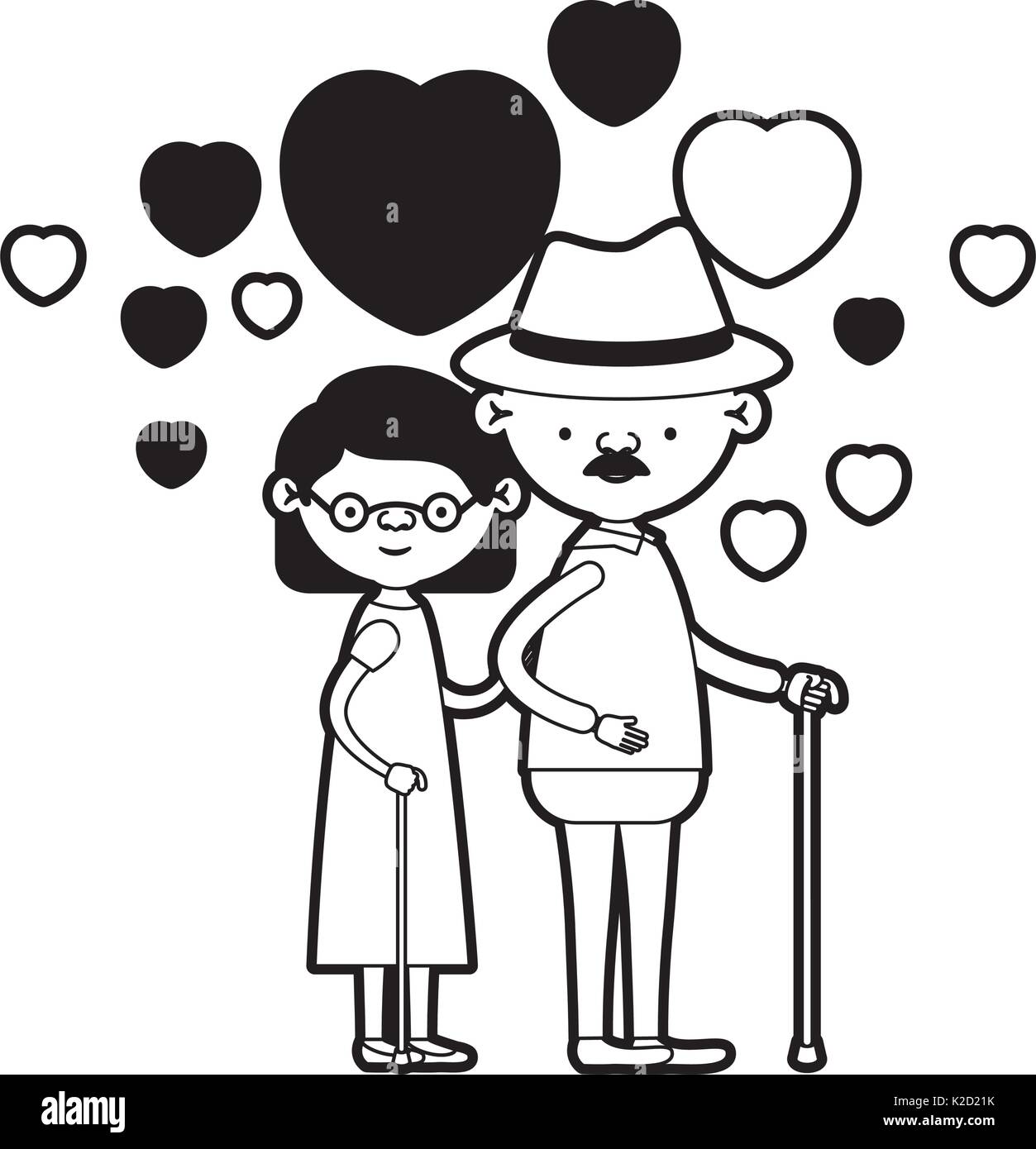 La caricatura corpo pieno coppia di anziani abbracciato con cuori flottante nonno col cappello in bastone e la nonna con capelli corti in silhouette nera sezioni Illustrazione Vettoriale