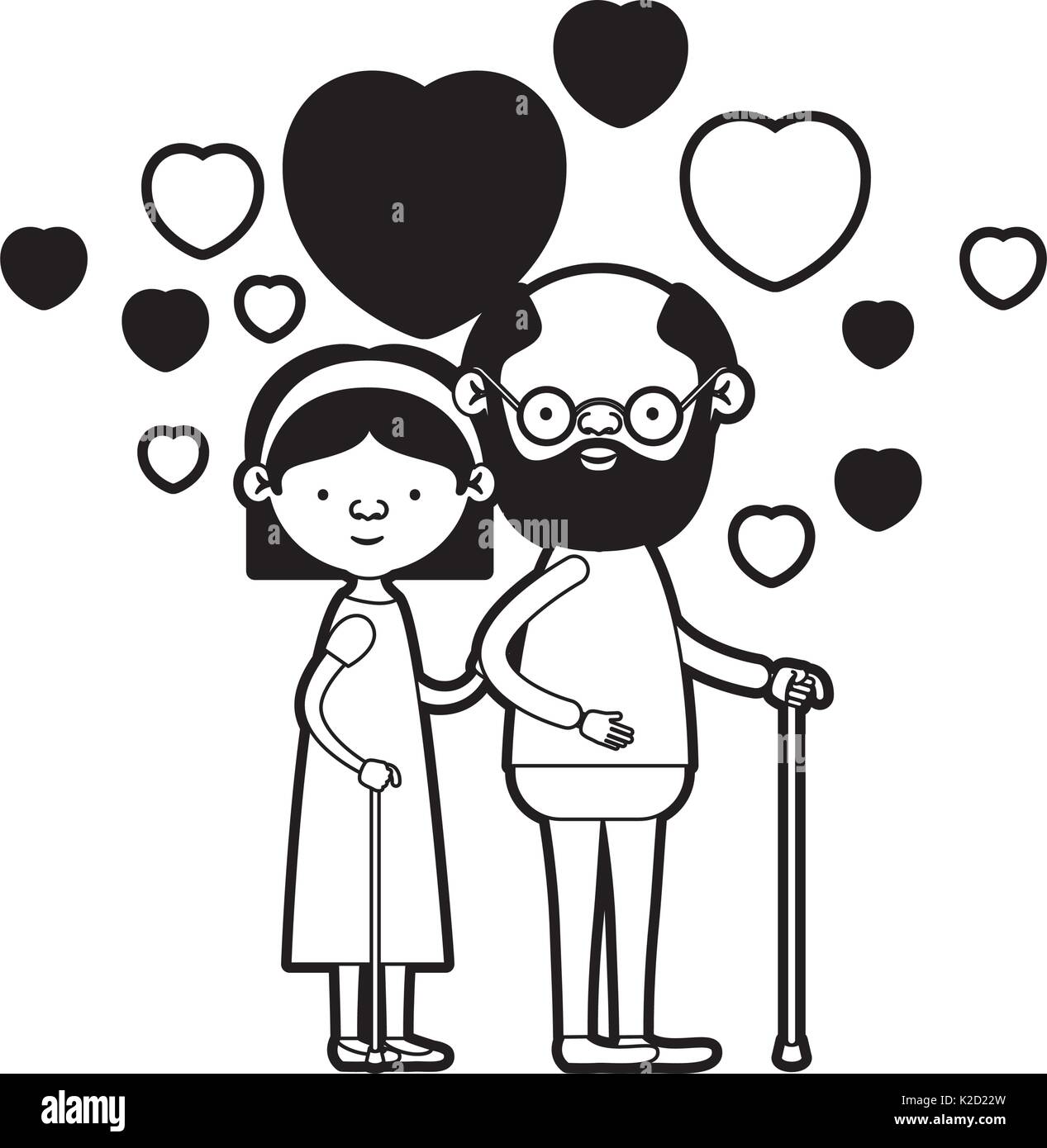 La caricatura corpo pieno coppia di anziani abbracciato con cuori flottante nonno in bastone e la nonna a prua di pizzo e i capelli corti in silhouette nera sezioni Illustrazione Vettoriale