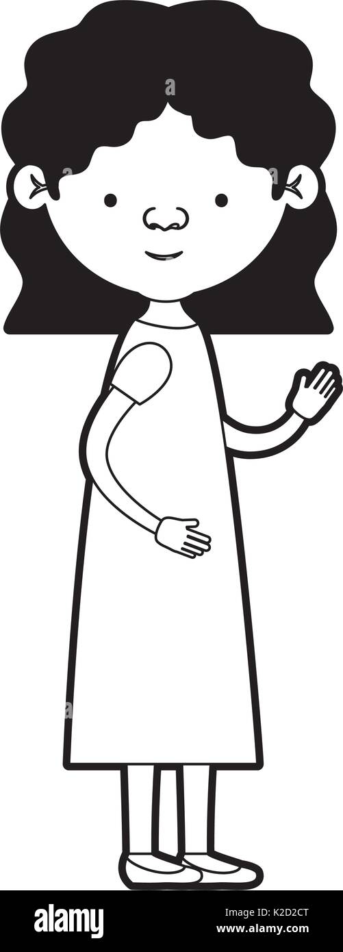 La caricatura corpo pieno donna anziana in abito con breve ondulata acconciatura in silhouette nera sezioni Illustrazione Vettoriale
