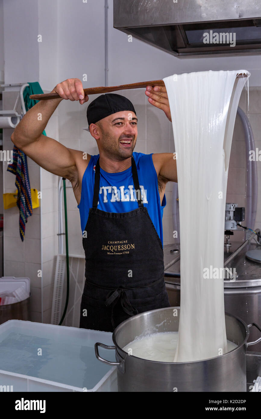 Formaggio italiano maker mozzarella, Costigliole d'Asti, Piemonte, Italia Foto Stock