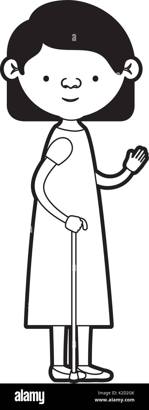 La caricatura corpo pieno donna anziana nel bastone con abito e acconciatura raccolti in silhouette nera sezioni Illustrazione Vettoriale