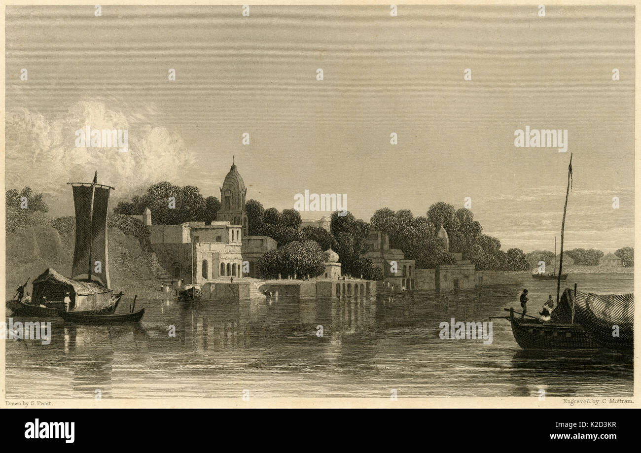 Antique c1860 incisione, vista di Cawnpore dal fiume Gange. Oggi, Kanpur è l'undicesima città più popolosa in India. Fonte: originale incisione in acciaio. Foto Stock