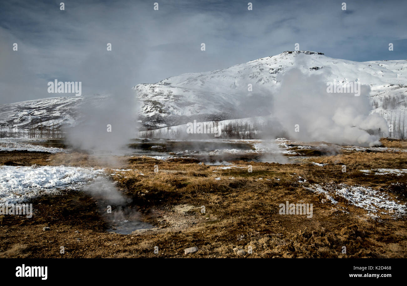 Le bocchette geotermica, Geysir primavera calda area, a sud-ovest dell'Islanda, marzo 2015. Foto Stock