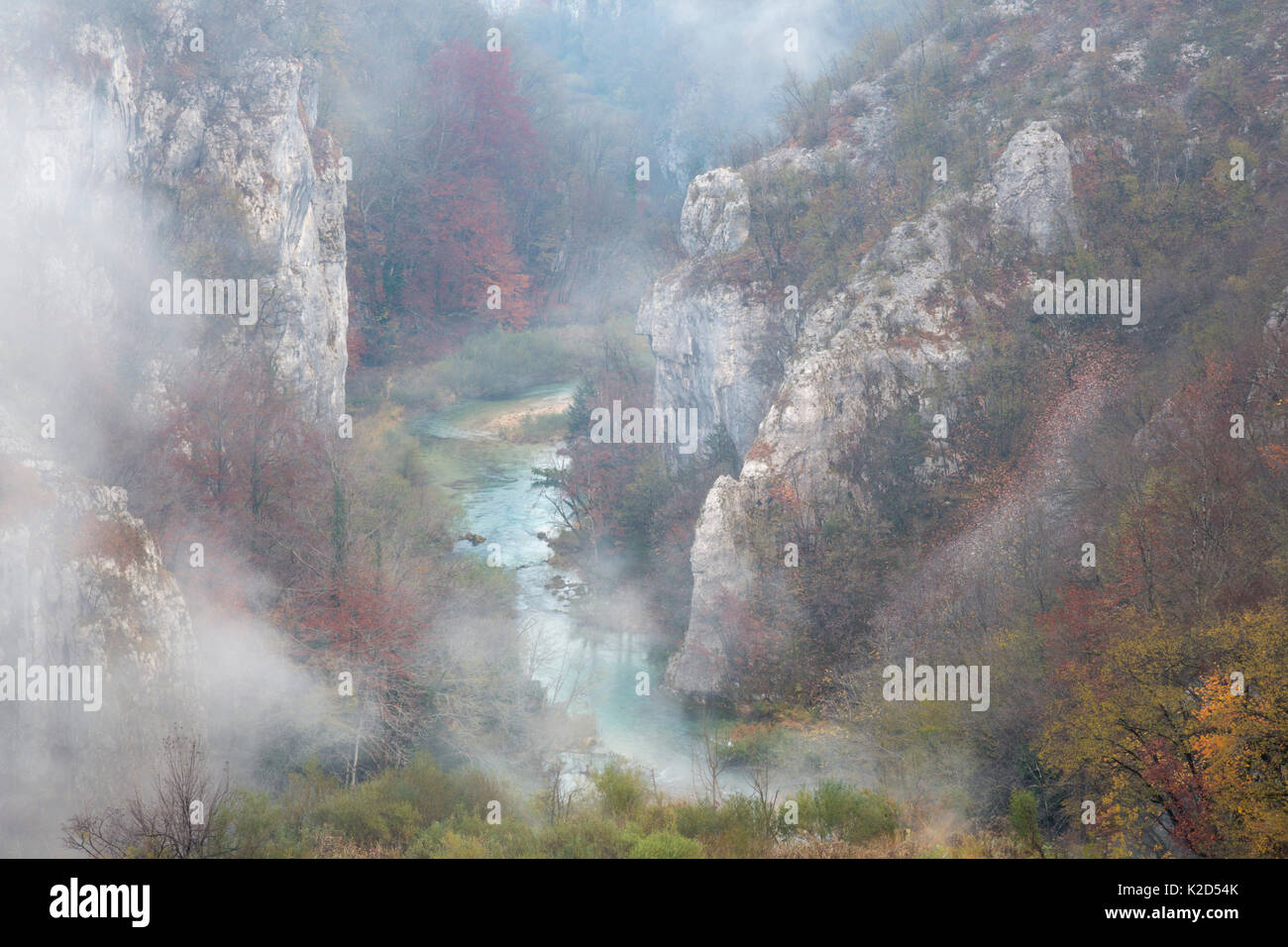 Misty Limestone Gorge, il Parco Nazionale dei Laghi di Plitvice, Croazia. Novembre. Foto Stock