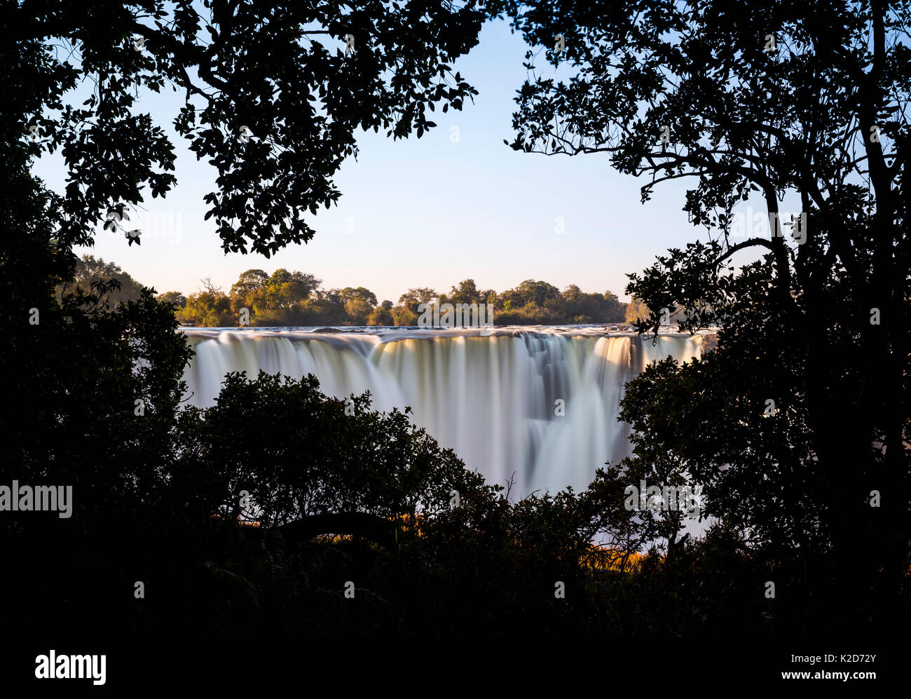 Victoria Falls visto attraverso una silhouette di alberi. Lo Zimbabwe. Giugno Foto Stock