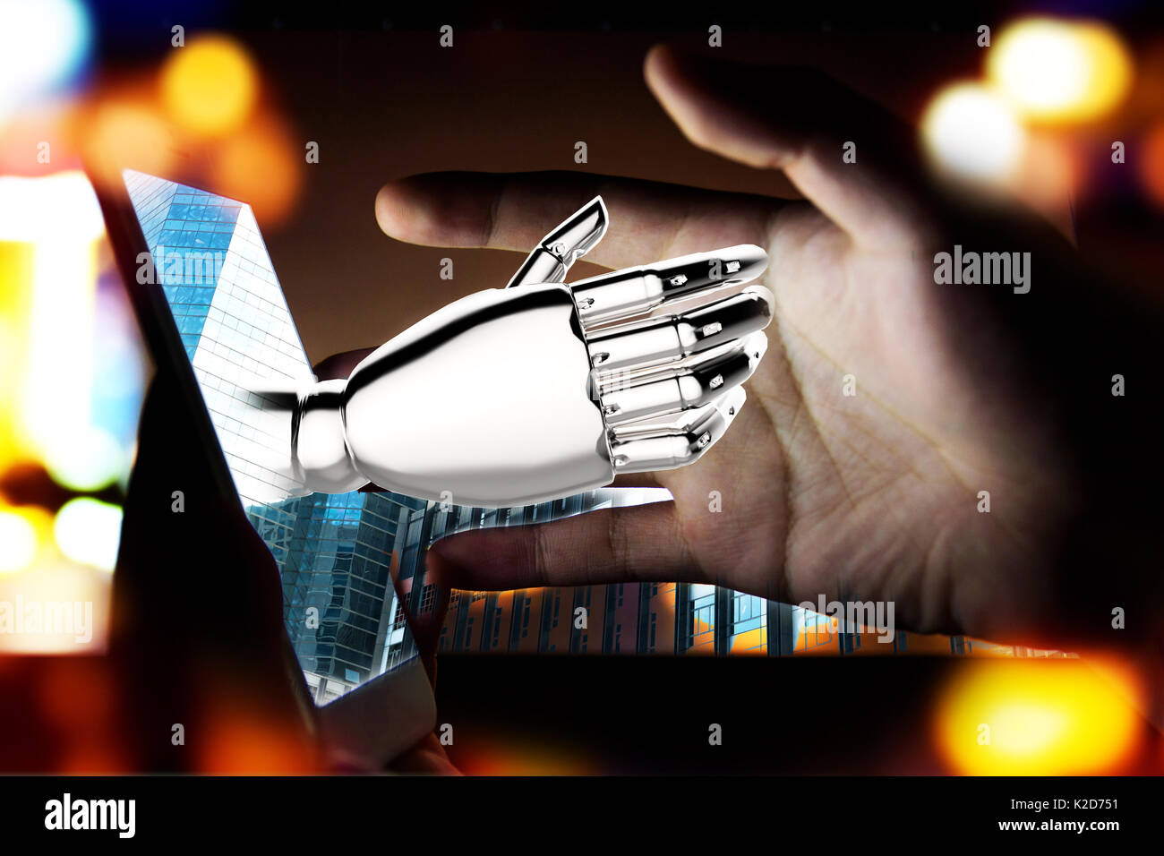 , Robotica intelligenza artificiale , robo advisor , concetto chatbot. 3D rendering di mano di robot pop up fuori del telefono cellulare con la torciera effetto di luce. Foto Stock