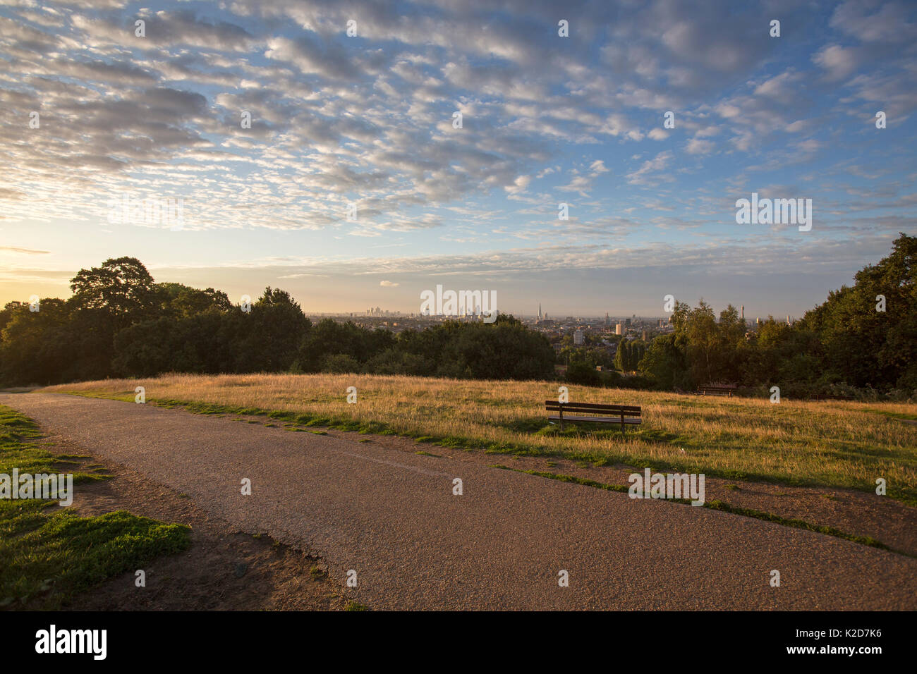 Vista di Londra di Parliament Hill, Hampstead Heath, Londra, Inghilterra, Regno Unito. Agosto 2014. Foto Stock