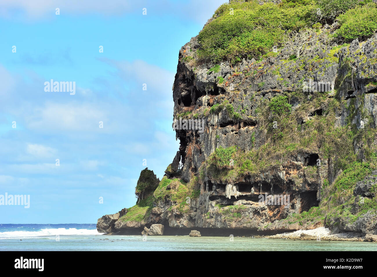 Toarutu scogliera sulla costa est dell'isola Rurutu, Australs arcipelago, Polinesia Francese Foto Stock