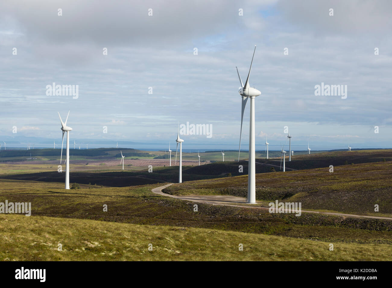 Le turbine eoliche presso Berry Burn su Altyre station wagon, murene, Scotland, Regno Unito. Luglio 2016. Foto Stock