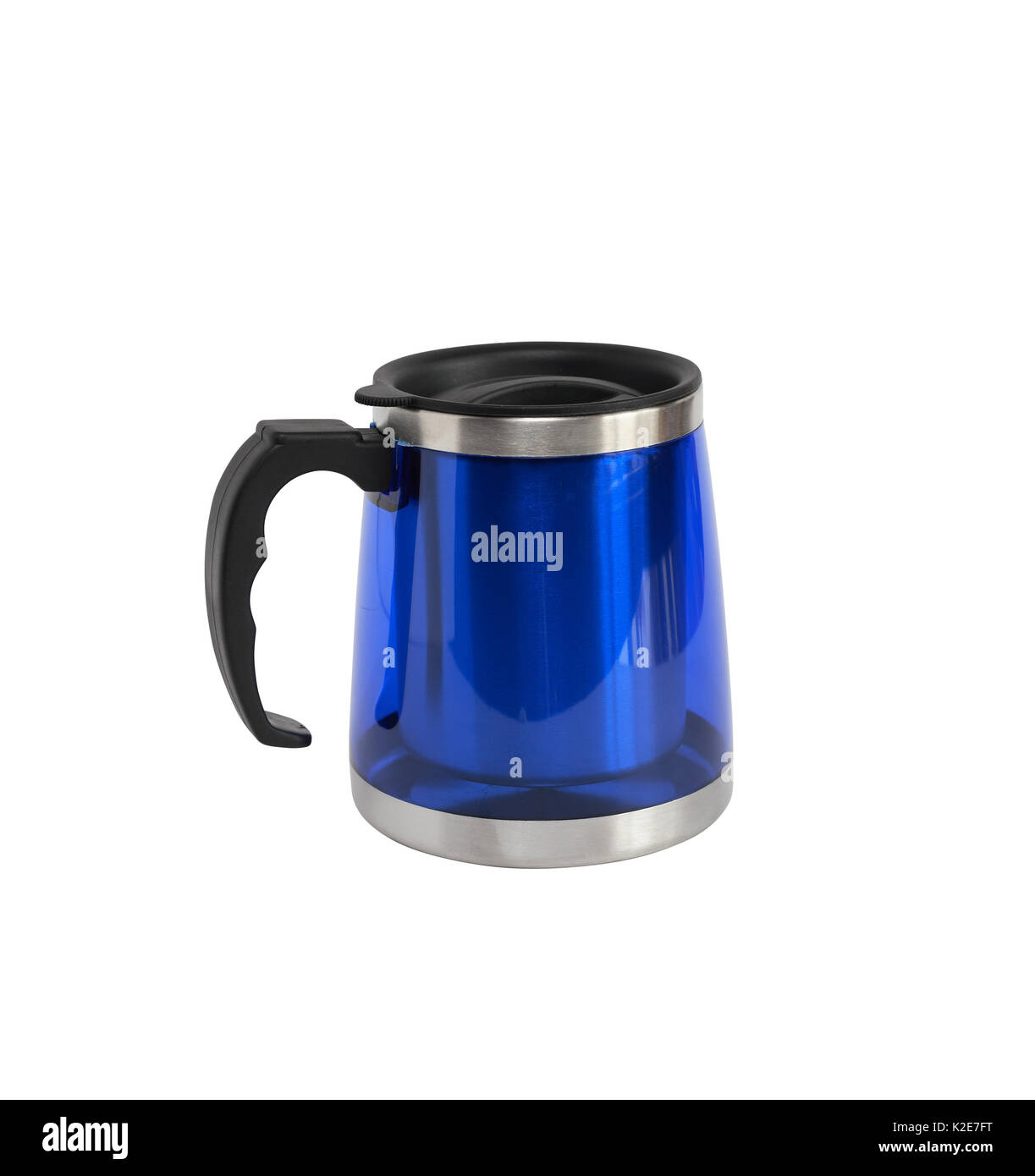 Moderno piccolo blu thermos isolato su bianco con tracciato di ritaglio Foto Stock