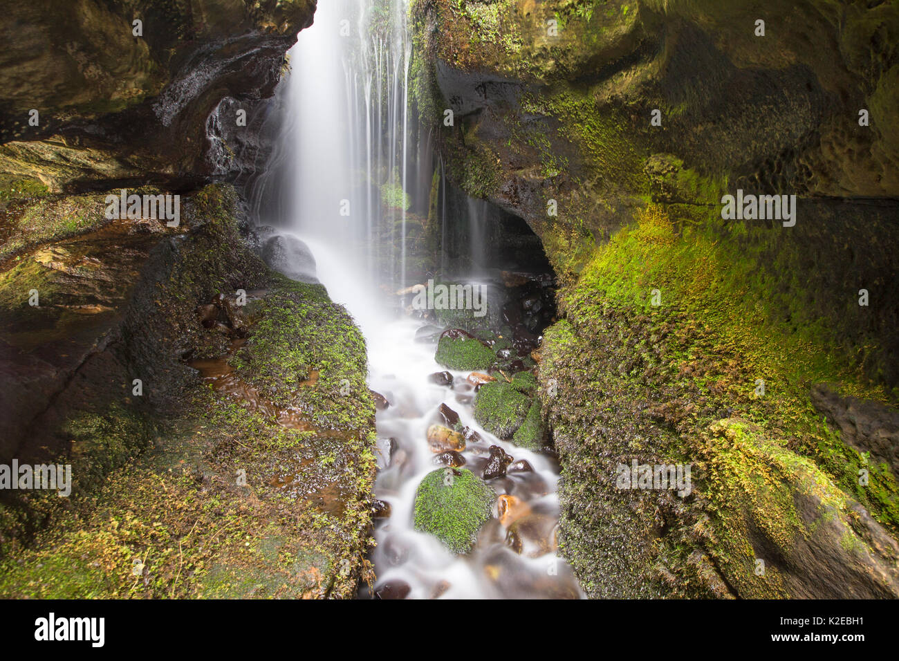 Cascata nelle zone costiere gorge, Isola di Eigg, Ebridi Interne, Scozia, aprile 2014. Foto Stock