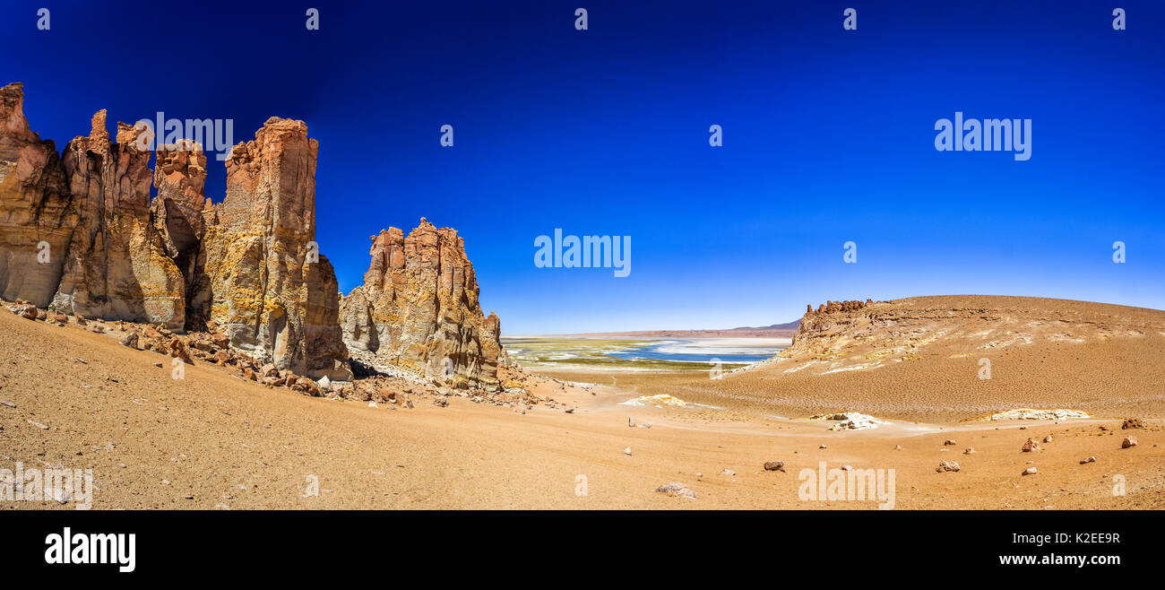Altiplano paesaggio con cattedrale del Salar di Tara, Riserva Naturale di los Flamencos, Aguas Calientes, il Deserto di Atacama, Cile, quota 4430 m sopra il livello del mare. Foto Stock