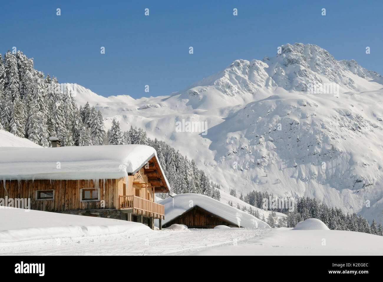 Chalet Alpina e il paesaggio dopo la neve fresca, Hauteluce, Savoie, Francia, febbraio 2013. Foto Stock