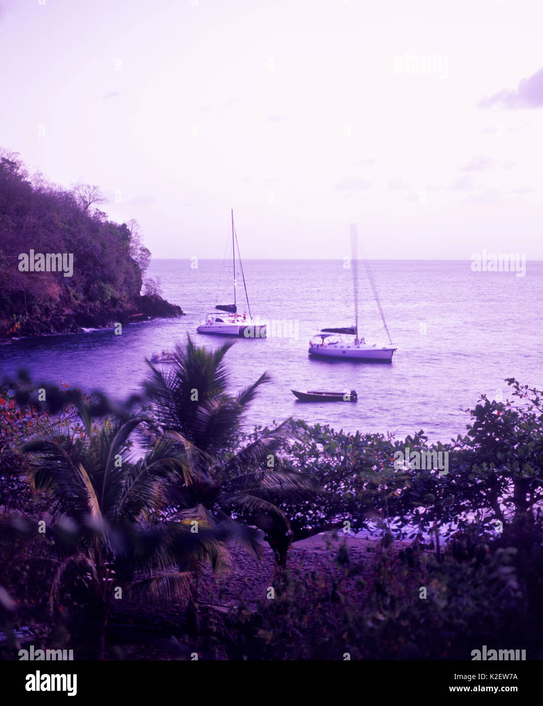 Barche a vela da dock per la notte in una insenatura al Petit Byahaut resort. Kingstown, Saint George, St Vincent e Grenadine Foto Stock