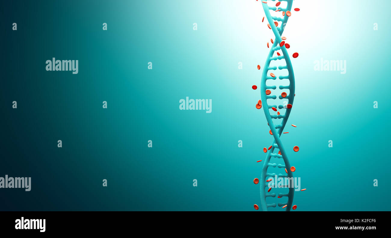 Filamenti di DNA con cella di emoglobina su sfondo astratto Foto Stock