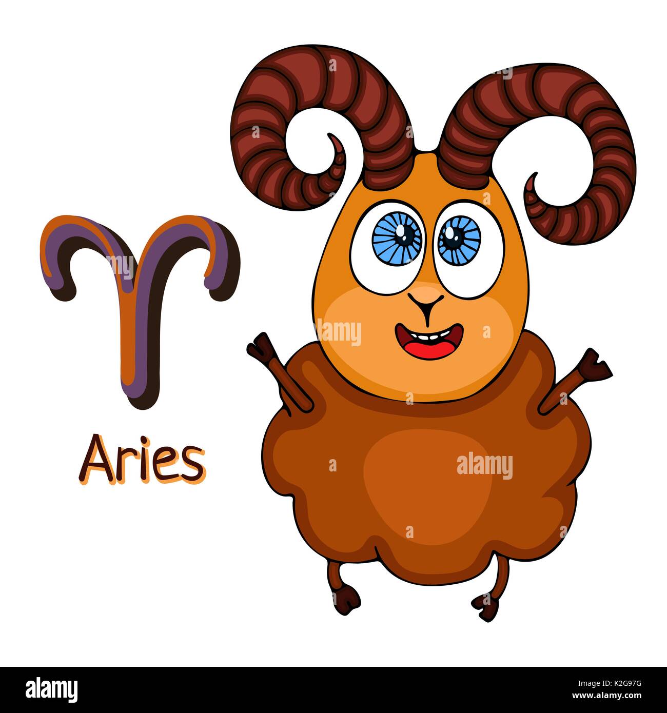 Segno zodiacale cartoon Aries, carattere astrologico. Dipinto funny aries con un simbolo isolato su sfondo bianco, il vettore del disegno a mano Illustrazione Vettoriale