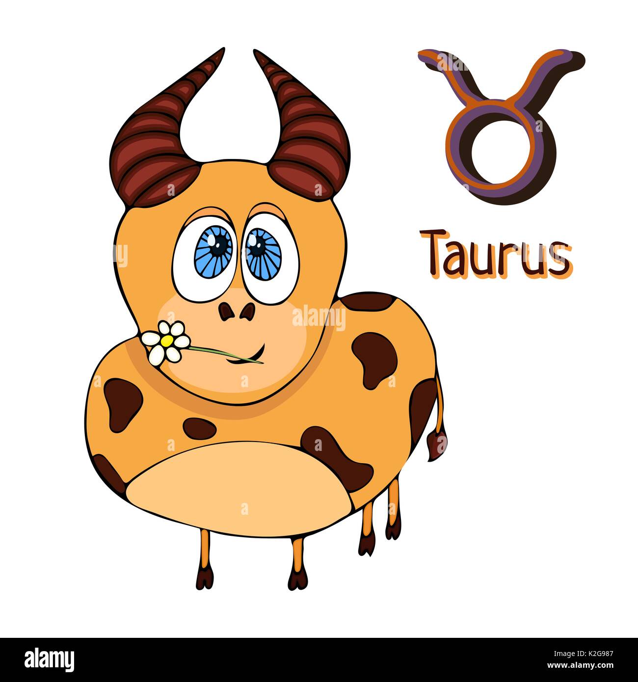 Segno zodiacale cartoon Taurus, carattere astrologico. Dipinto funny taurus con un simbolo isolato su sfondo bianco, il vettore del disegno a mano Illustrazione Vettoriale