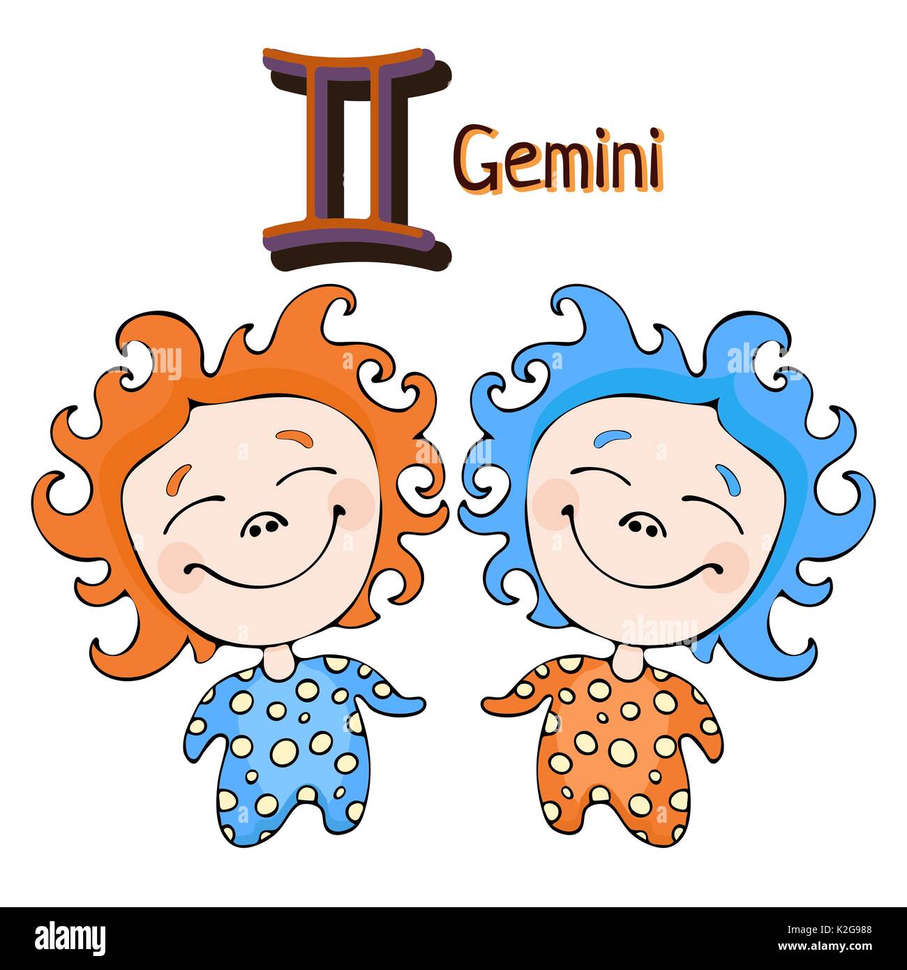 Segno zodiacale cartoon Gemini, carattere astrologico. Dipinto funny gemini con un simbolo isolato su sfondo bianco, il vettore del disegno a mano Illustrazione Vettoriale
