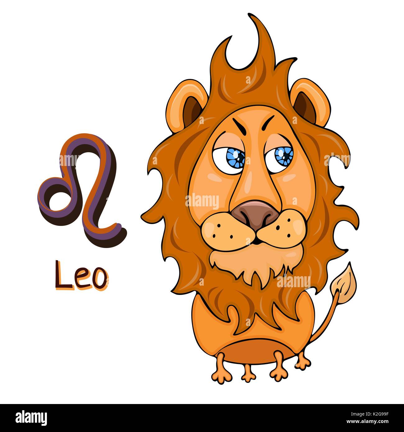 Segno zodiacale cartoon Leo, carattere astrologico. Dipinto funny leo con un simbolo isolato su sfondo bianco, il vettore del disegno a mano Illustrazione Vettoriale