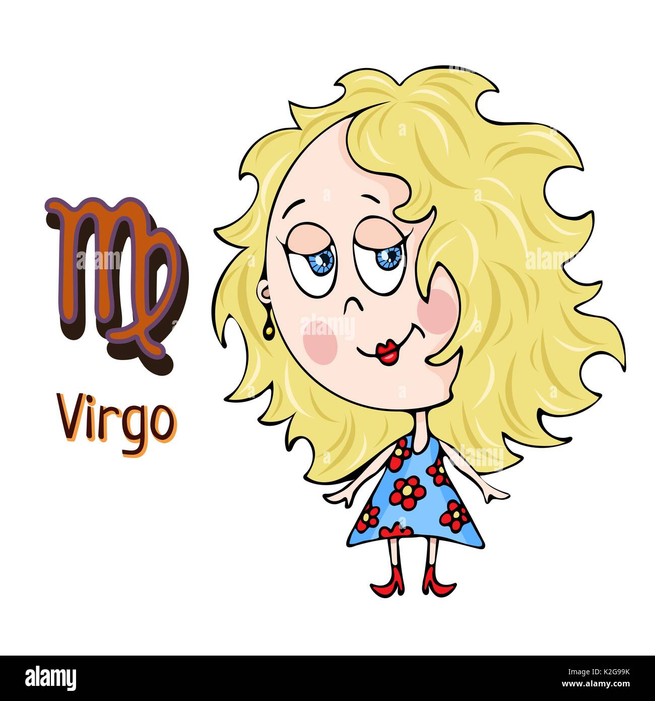 Segno zodiacale cartoon Virgo, carattere astrologico. Dipinto funny virgo con un simbolo isolato su sfondo bianco, il vettore del disegno a mano Illustrazione Vettoriale