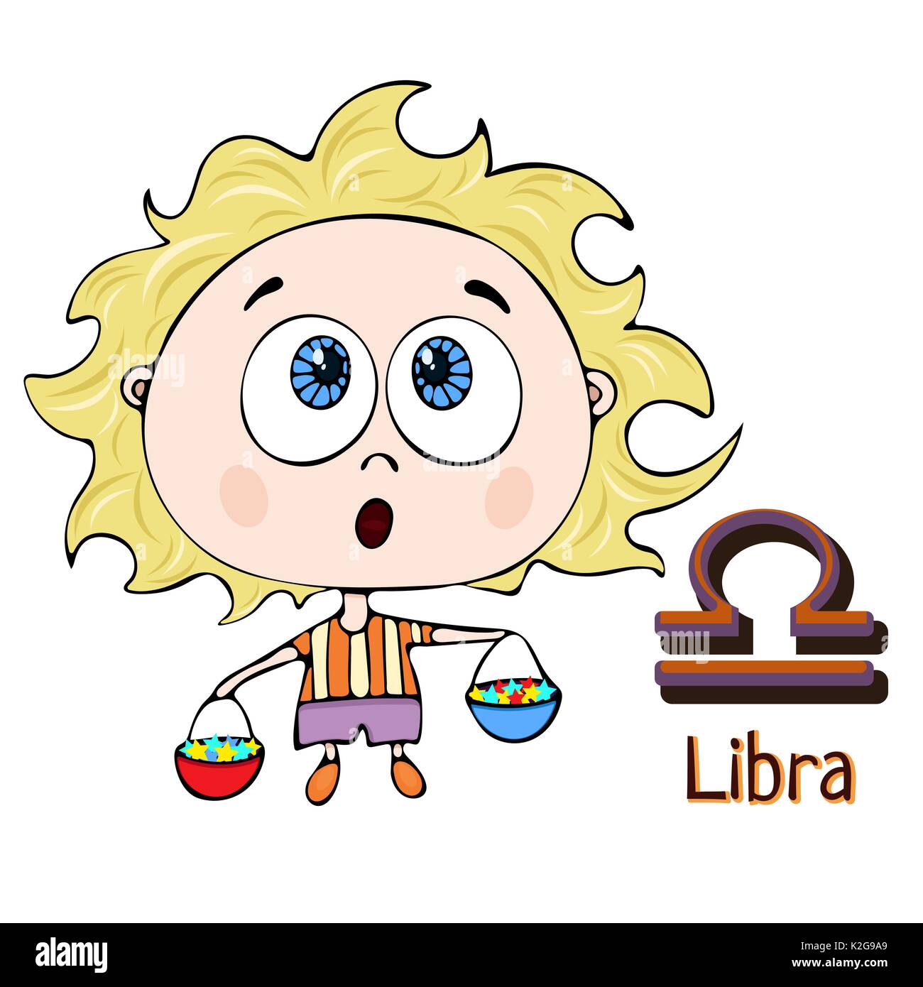Segno zodiacale cartoon Libra, carattere astrologico. Dipinto funny libra con un simbolo isolato su sfondo bianco, il vettore del disegno a mano Illustrazione Vettoriale