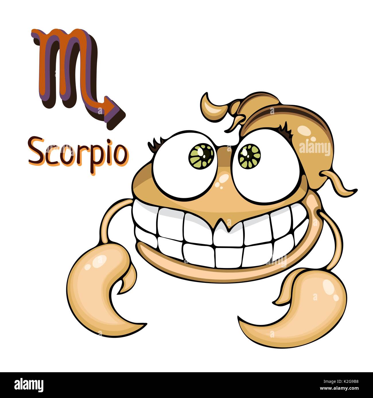 Segno zodiacale Scorpione cartoon, carattere astrologico. Dipinto funny scorpione con un simbolo isolato su sfondo bianco, il vettore del disegno a mano Illustrazione Vettoriale