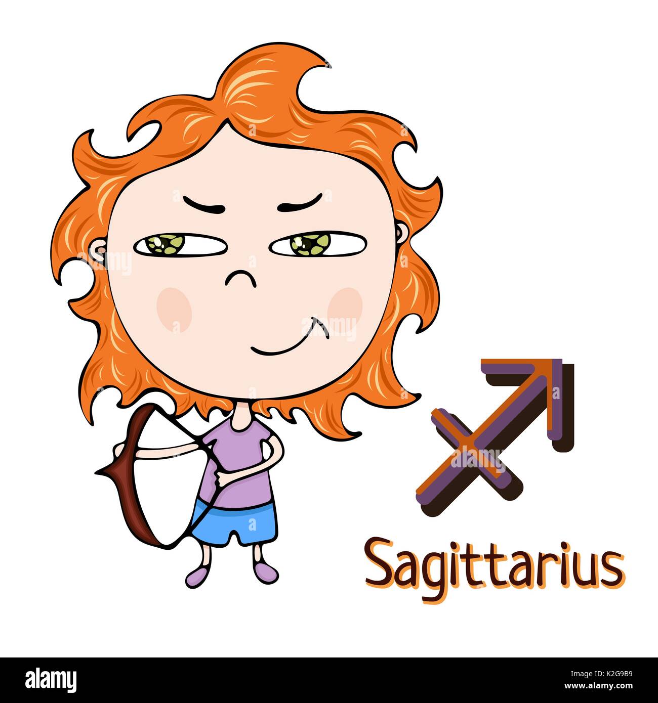 Segno zodiacale cartoon Sagittario, carattere astrologico. Dipinto funny sagittario con un simbolo isolato su sfondo bianco, il vettore del disegno a mano Illustrazione Vettoriale