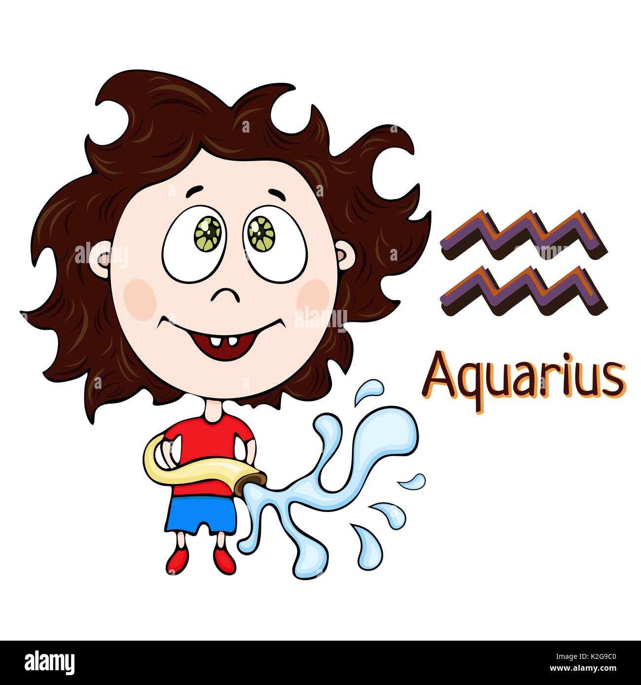 Segno zodiacale cartoon Aquarius, carattere astrologico. Dipinto funny aquarius con un simbolo isolato su sfondo bianco, il vettore del disegno a mano Illustrazione Vettoriale