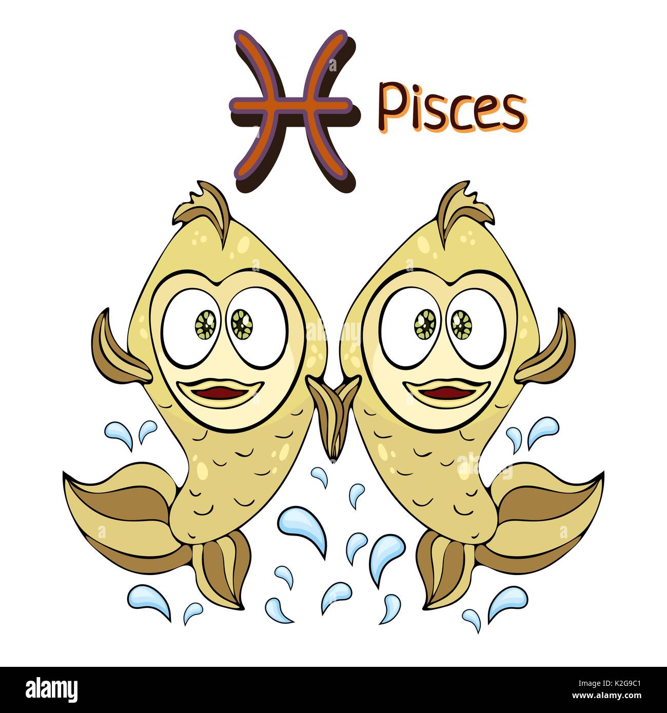 Segno zodiacale cartoon pesci, carattere astrologico. Dipinto funny pesci con un simbolo isolato su sfondo bianco, il vettore del disegno a mano Illustrazione Vettoriale
