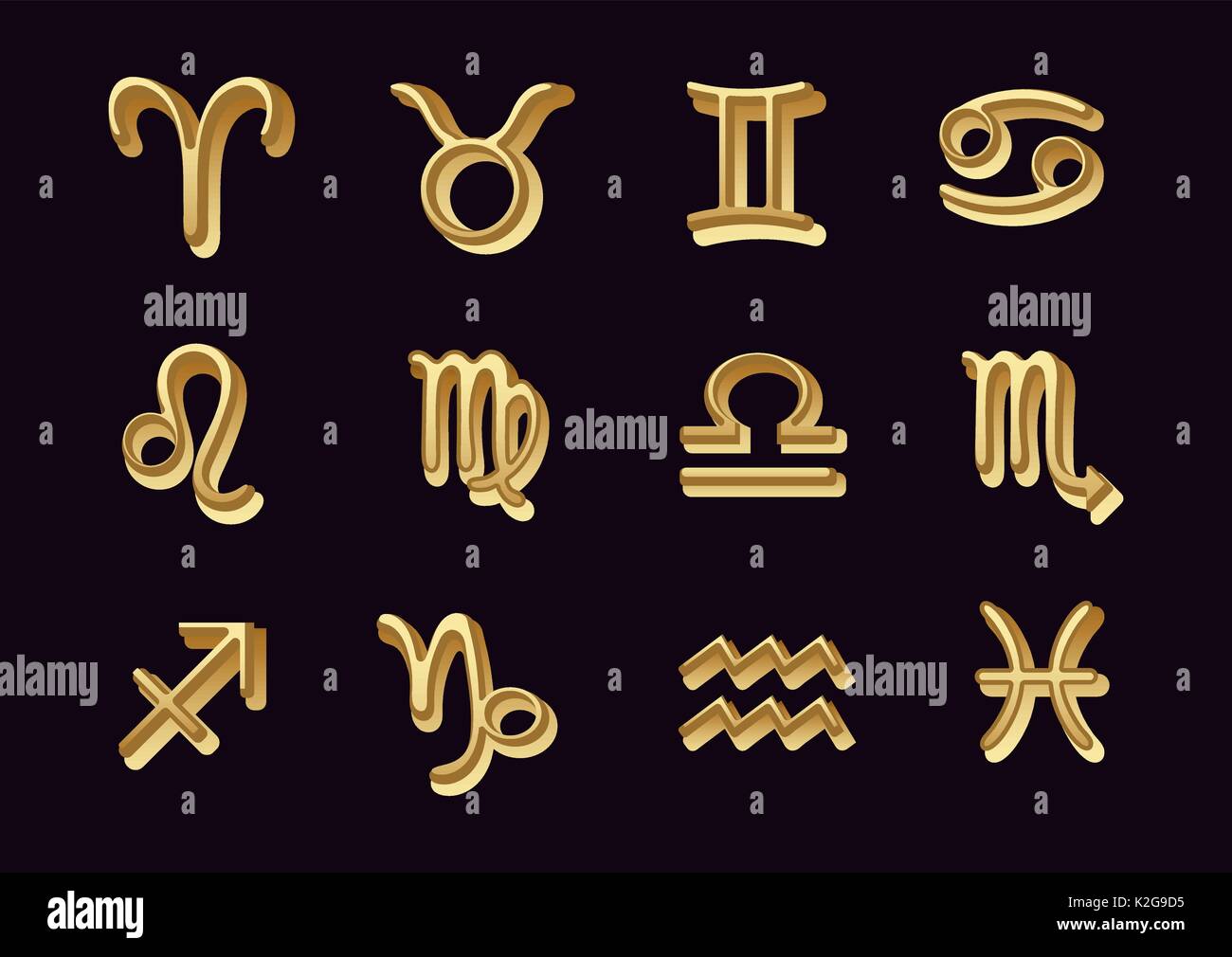 Serie Oro segno zodiacale, dipinto di simboli astrologici isolato su sfondo scuro, vettore di disegno a mano Illustrazione Vettoriale
