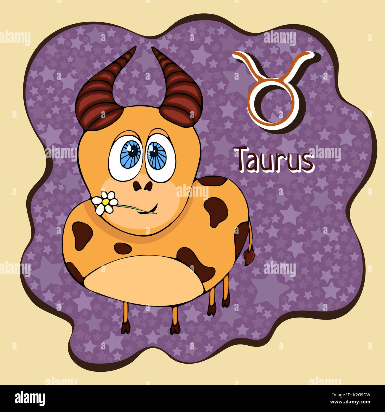 Segno zodiacale cartoon Taurus, carattere astrologico, disegno a mano. Dipinto funny taurus nel telaio sotto forma di una definizione astratta viola macchia di inchiostro con ba Illustrazione Vettoriale