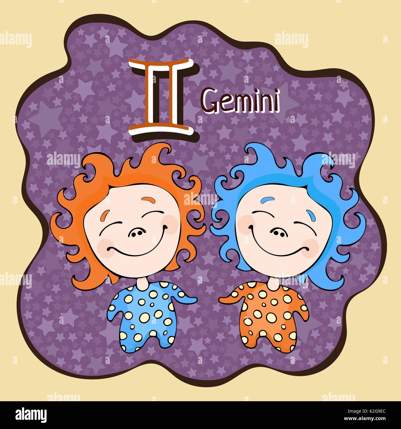 Segno zodiacale cartoon Gemini, carattere astrologico, disegno a mano. Dipinto funny gemini nel telaio sotto forma di una definizione astratta viola macchia di inchiostro con ba Illustrazione Vettoriale