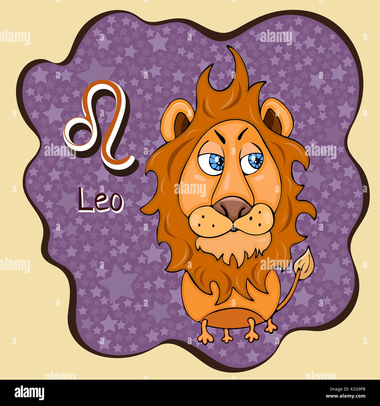 Segno zodiacale cartoon Leo, carattere astrologico, disegno a mano. Dipinto funny leo nel telaio sotto forma di una definizione astratta viola macchia di inchiostro con backgrou Illustrazione Vettoriale