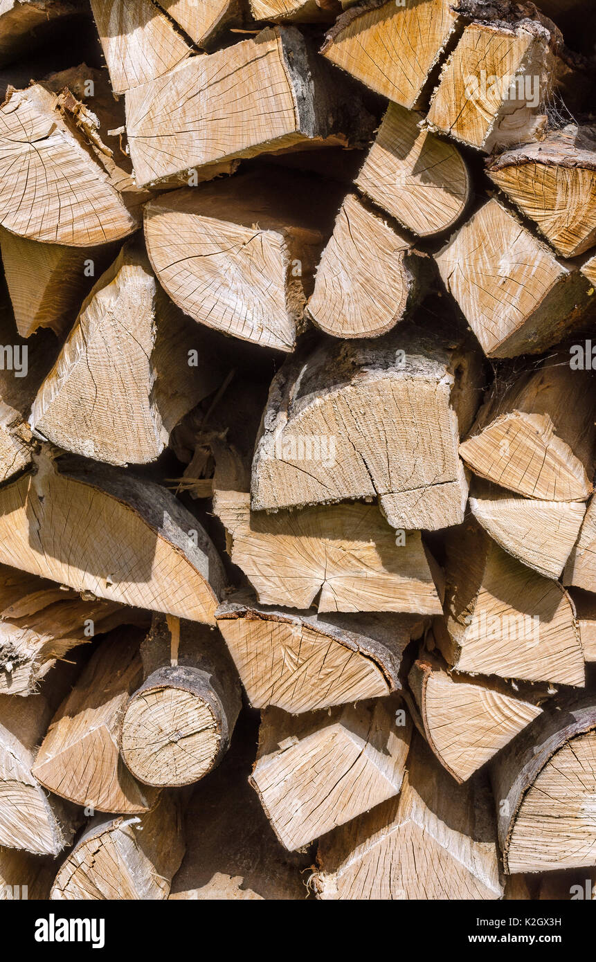 Splitted, essiccato ed impilati di legna da ardere, verticale vista frontale. Pila di weathered, legno secco, una fonte di energia. Foto. Foto Stock