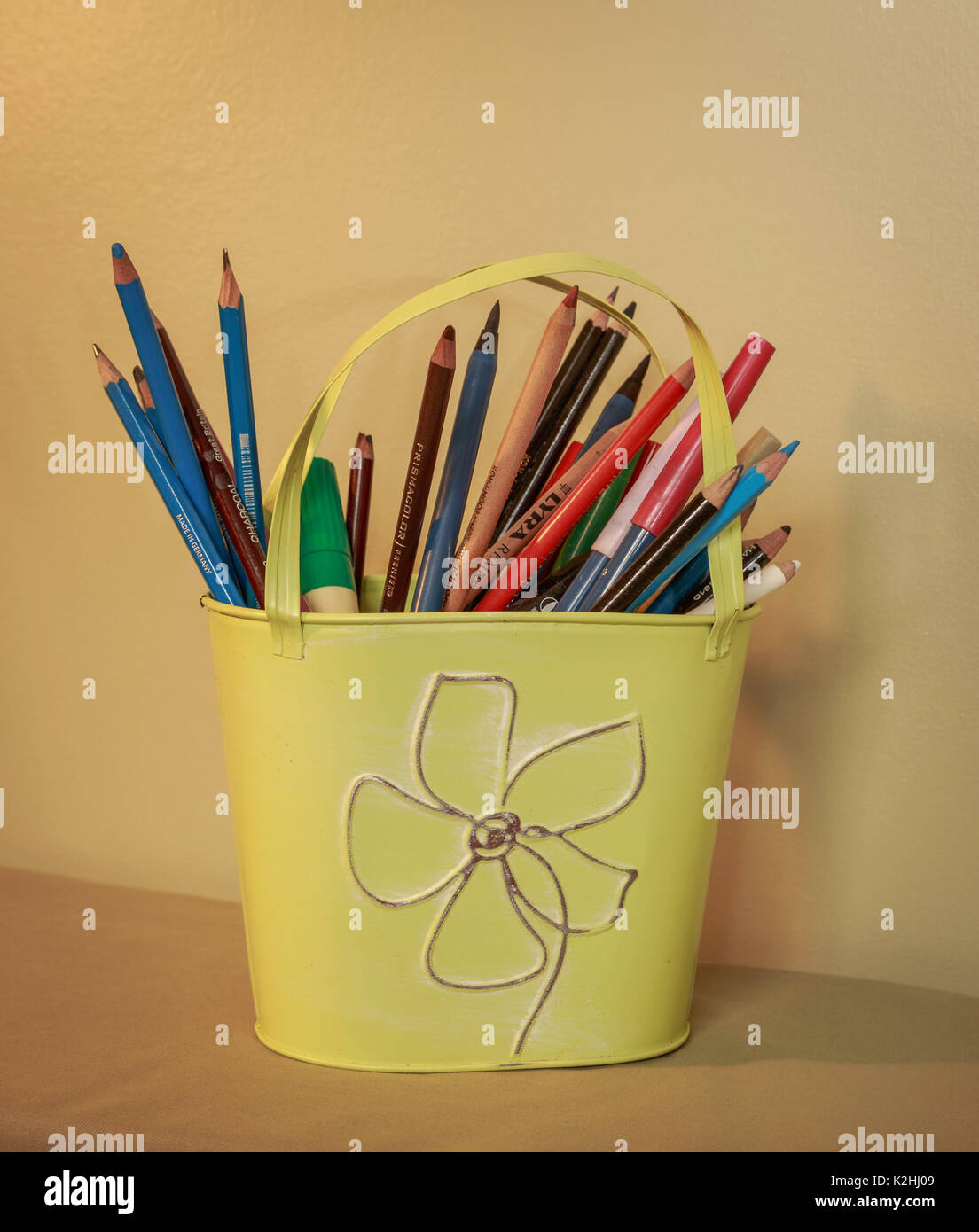 Secchio decorativo azienda arte penne, matite e marcatori Foto Stock
