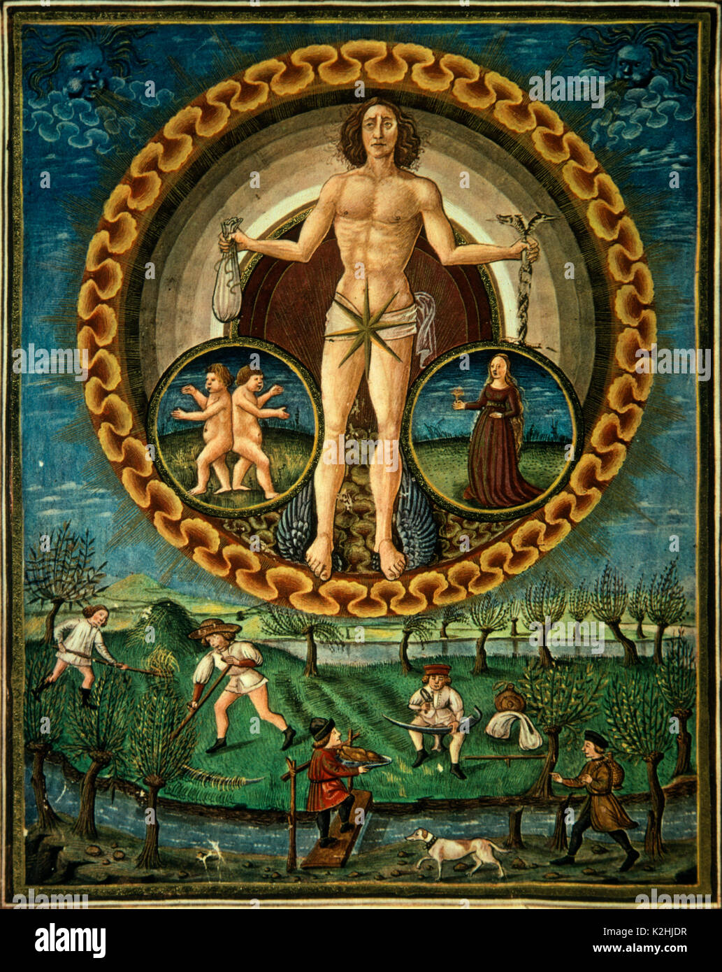 Astrologia illustrazione di Virgo governata dal pianeta Mercurio (Mercurius) dal XV secolo manoscritto lombardo De Sphaera. Il simbolo dello zodiaco fo Foto Stock