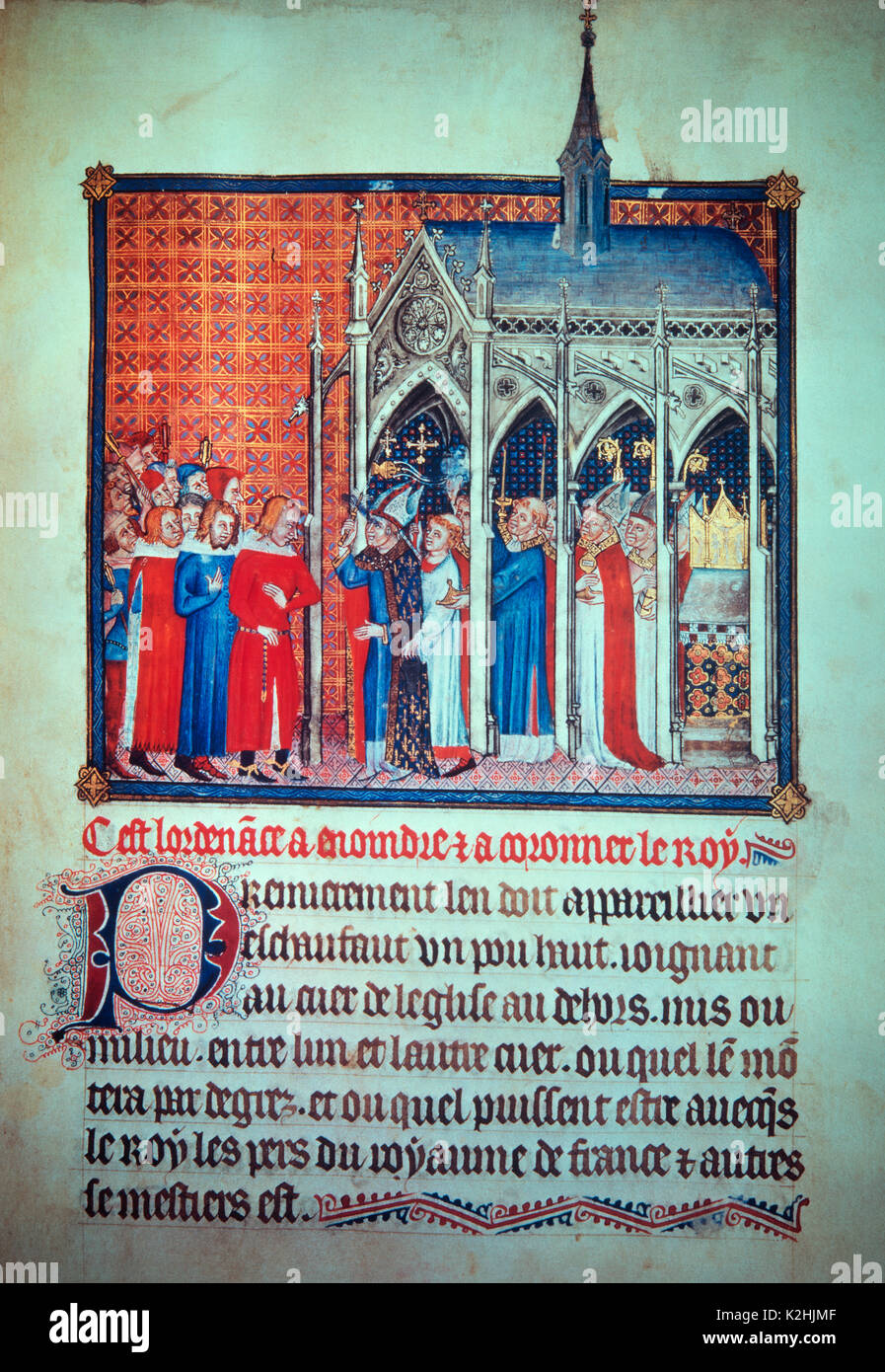 Libro di incoronazione di Carlo V - Carlo V il Saggio figlio di Jean Le Bon - ricevuto dall Arcivescovo di Reims per la sua incoronazione - 1364 Foto Stock